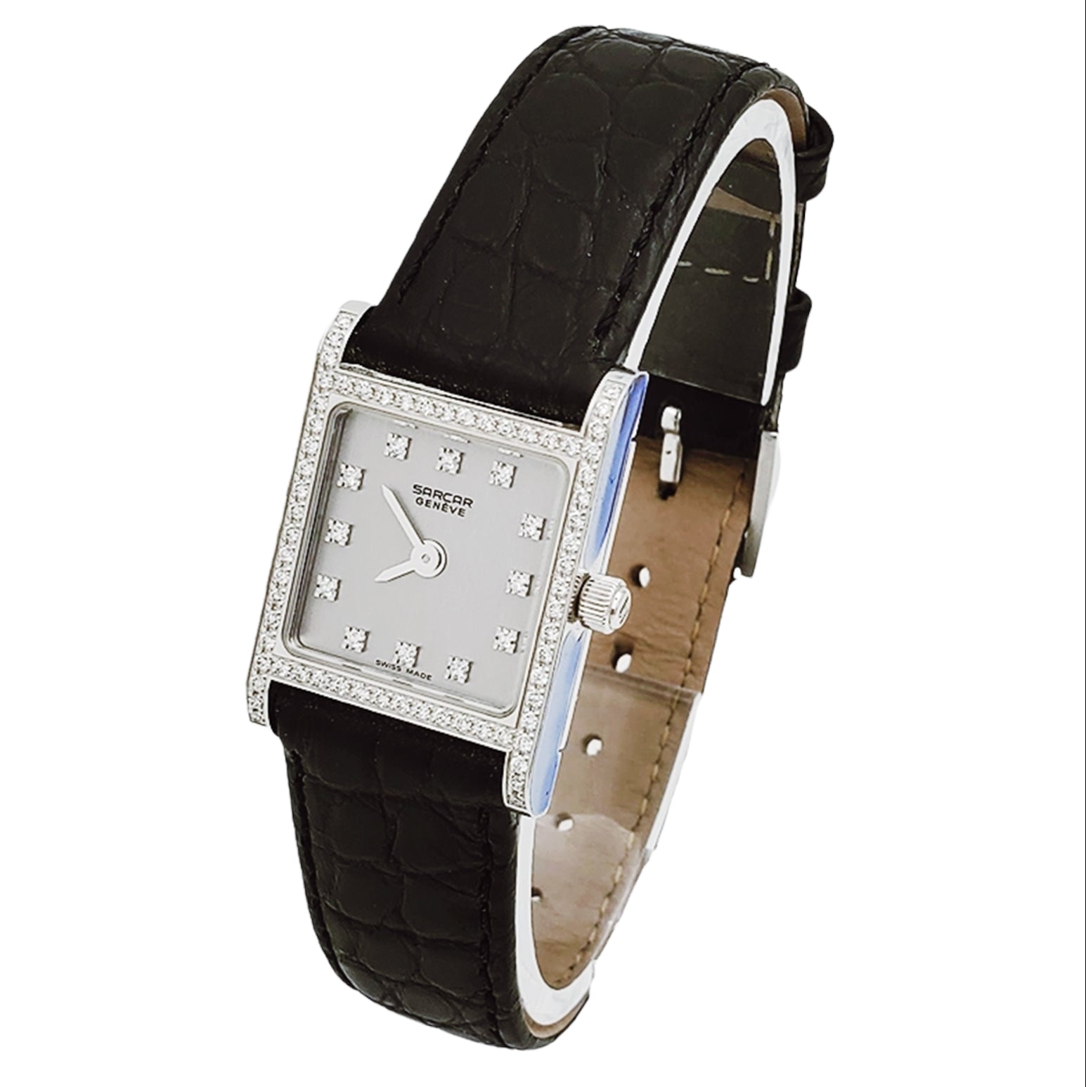 Ladies Sarcar Time Square Lady 18K White Gold Watch with Black Leather Band, Silver Diamond Dial and Diamond Bezel. (NEW 51503)