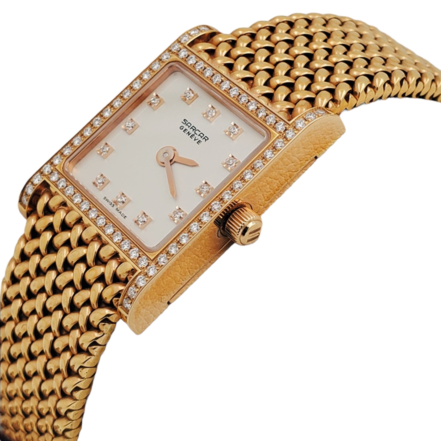 Ladies Sarcar Time Square Lady 18K Yellow Gold Watch with Solid Gold Band, Pearl White Diamond Dial and Diamond Bezel. (NEW 51503)
