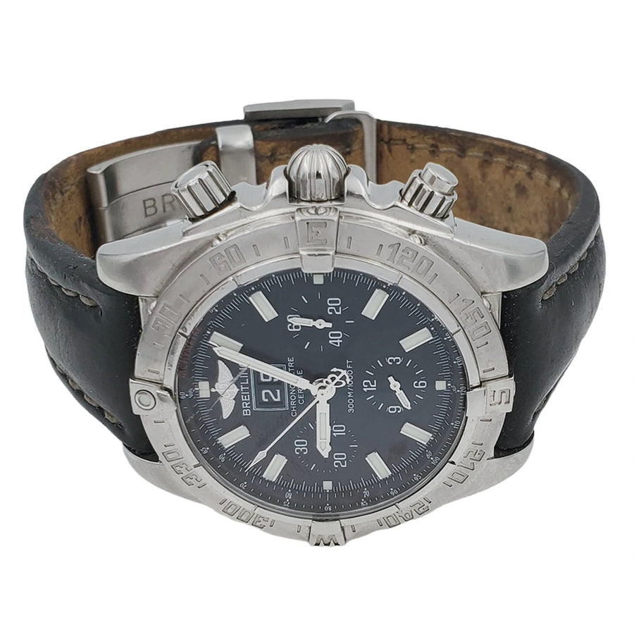 Men's Breitling Blackbird Chronograph 44mm Stainless Steel Watch with Black Leather Band and Black Dial. (Pre-Owned A44359)