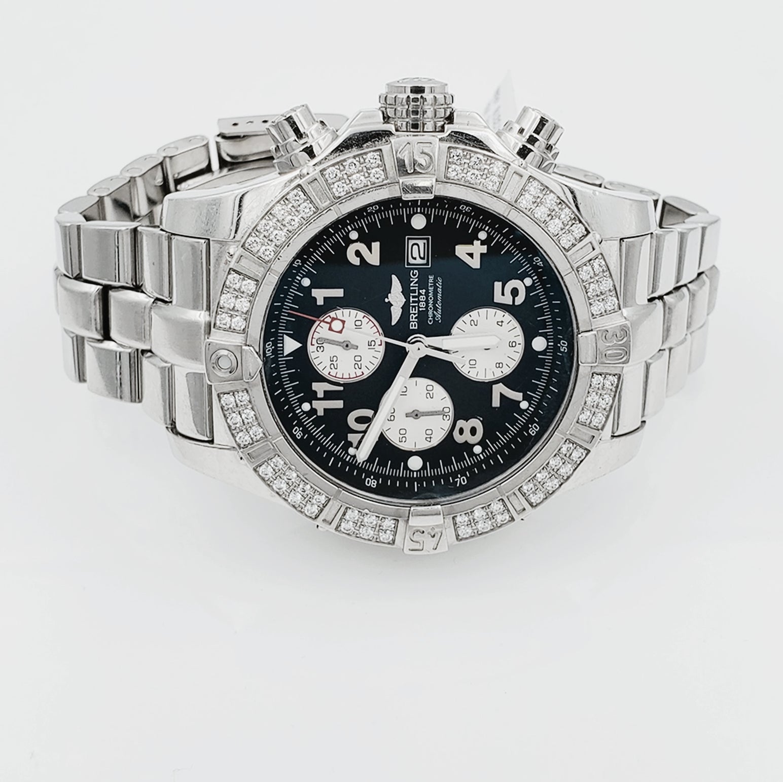 Men's Breitling Super Avenger Chronograph 48mm Stainless Steel Watch with Black Dial and Diamond Bezel. (Pre-Owned A13370)