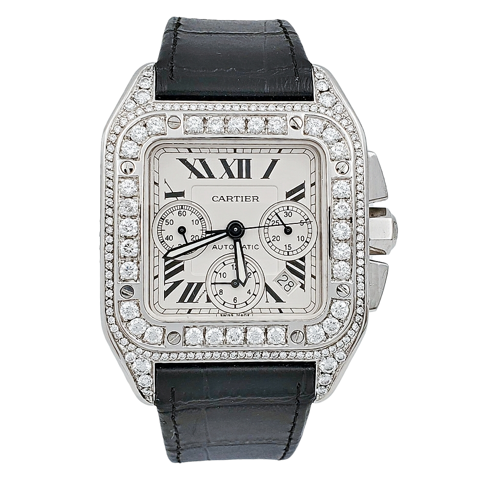 Men's Cartier 48mm Santos XL Chronograph Watch with Black Leather Band, Roman Numeral White Dial and Diamond Bezel. (Pre-Owned W20090X8)