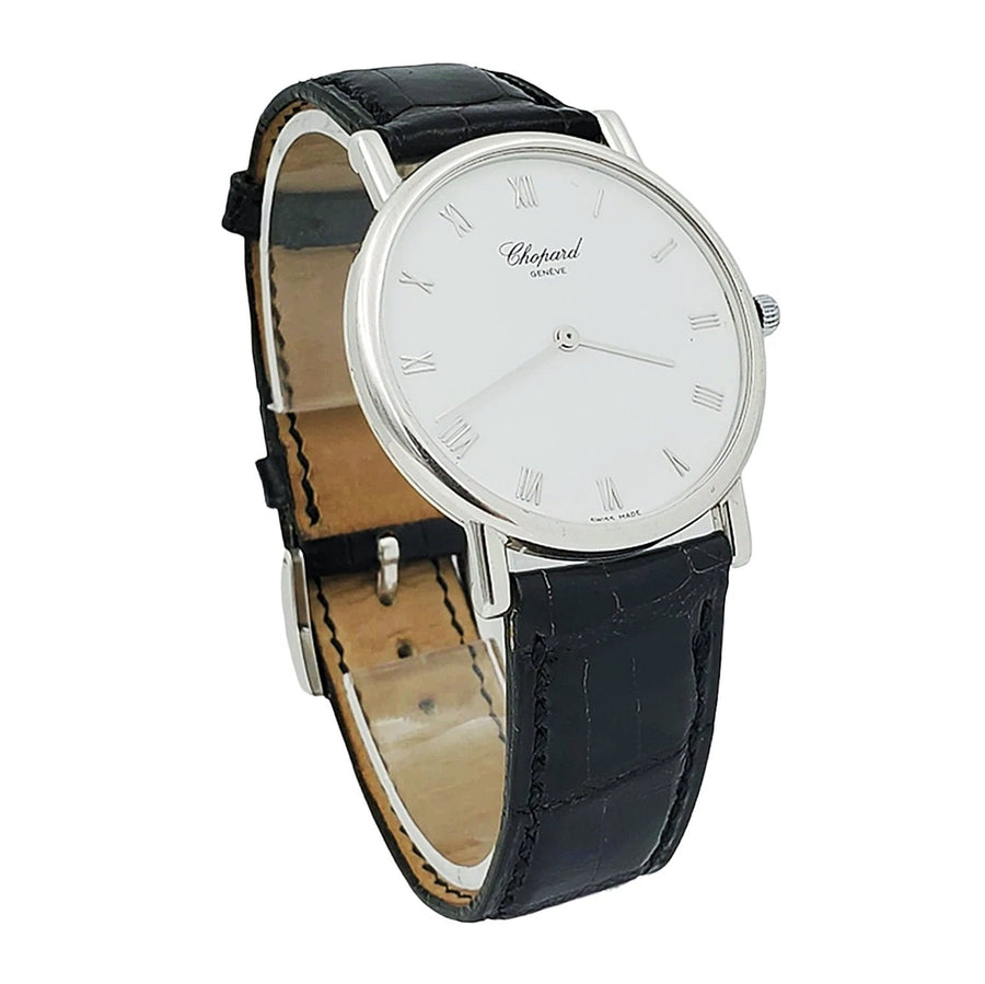Men's Chopard 32mm Classique Homme Vintage 18K White Gold Watch with Black Leather Strap and White Dial. (Pre-Owned)