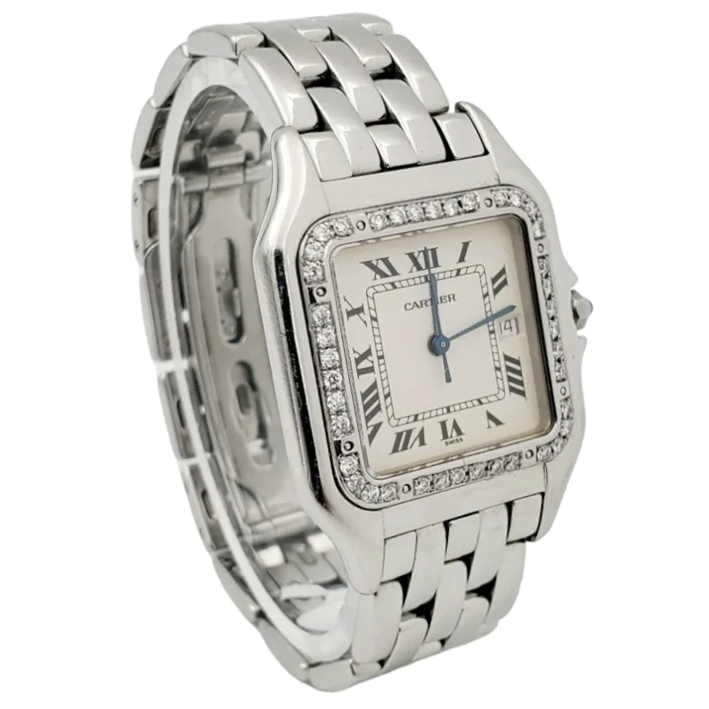 Men's Large Cartier Panthere Stainless Steel Watch with White Dial and Diamond Bezel. (Pre-Owned)