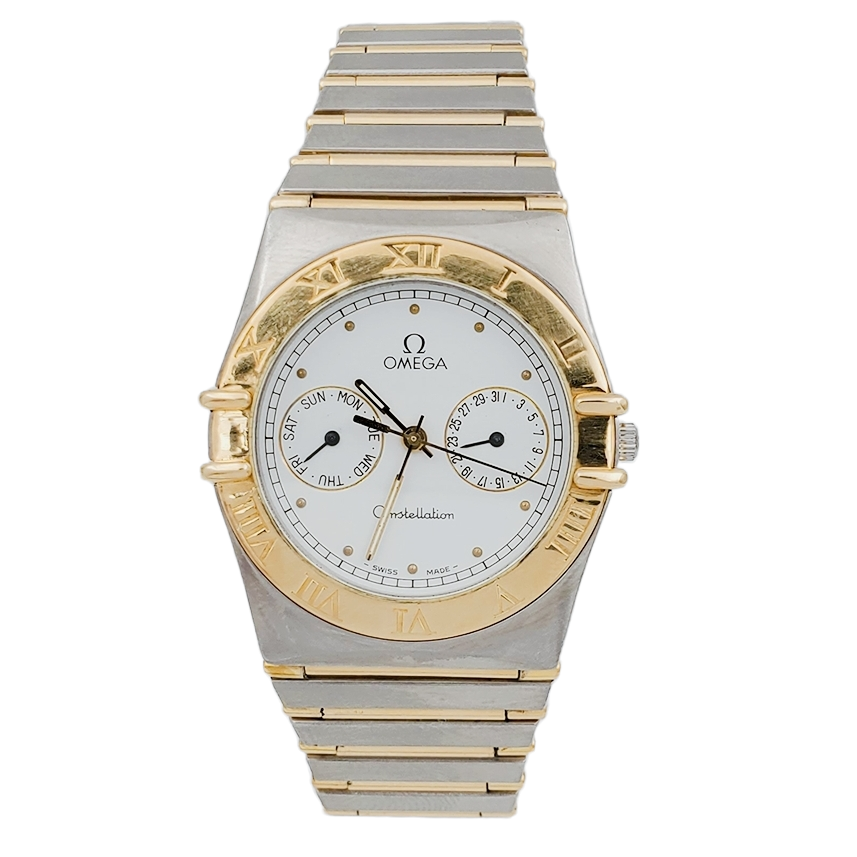 Men's Omega 34mm Constellation Chronograph Two Tone 18K Yellow Gold / Stainless Steel Watch with White Dial and Fixed Roman Numeral Bezel. (Pre-Owned)