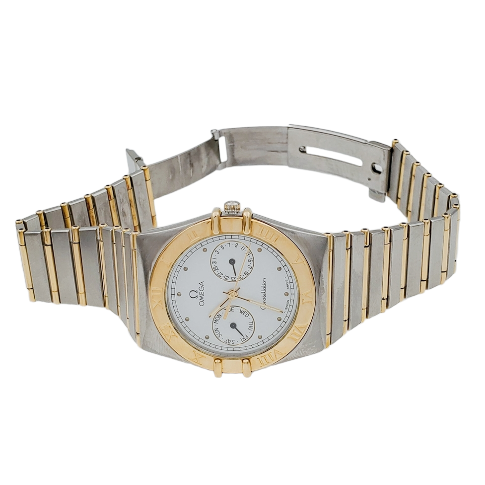 Men's Omega 34mm Constellation Chronograph Two Tone 18K Yellow Gold / Stainless Steel Watch with White Dial and Fixed Roman Numeral Bezel. (Pre-Owned)