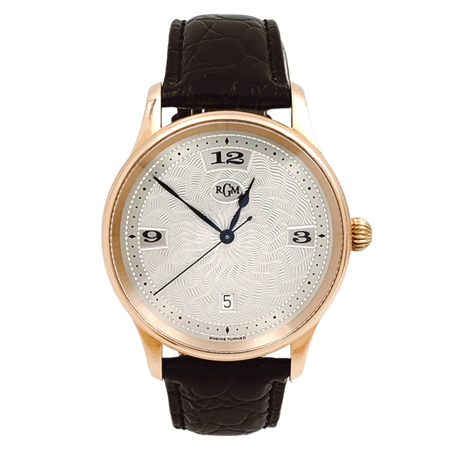 Men's RGM 18K Rose Gold Watch with Black Leather Band and Silver Dial. (Pre-Owned Model 25)