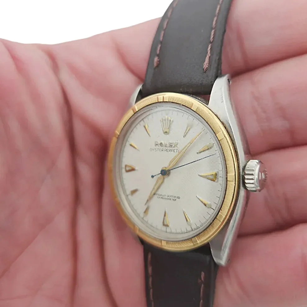 Men's Rolex 34mm Vintage 1952 Oyster Precision Two Tone Watch with Brown Leather Strap and Cream Dial. (Pre-Owned 6085)
