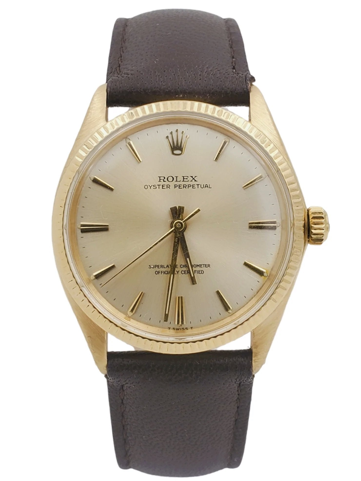Men's Rolex 34mm Vintage 1962 Oyster Perpetual 14K Yellow Gold Watch with Gold Dial and Brown Leather Strap. (Pre-Owned)