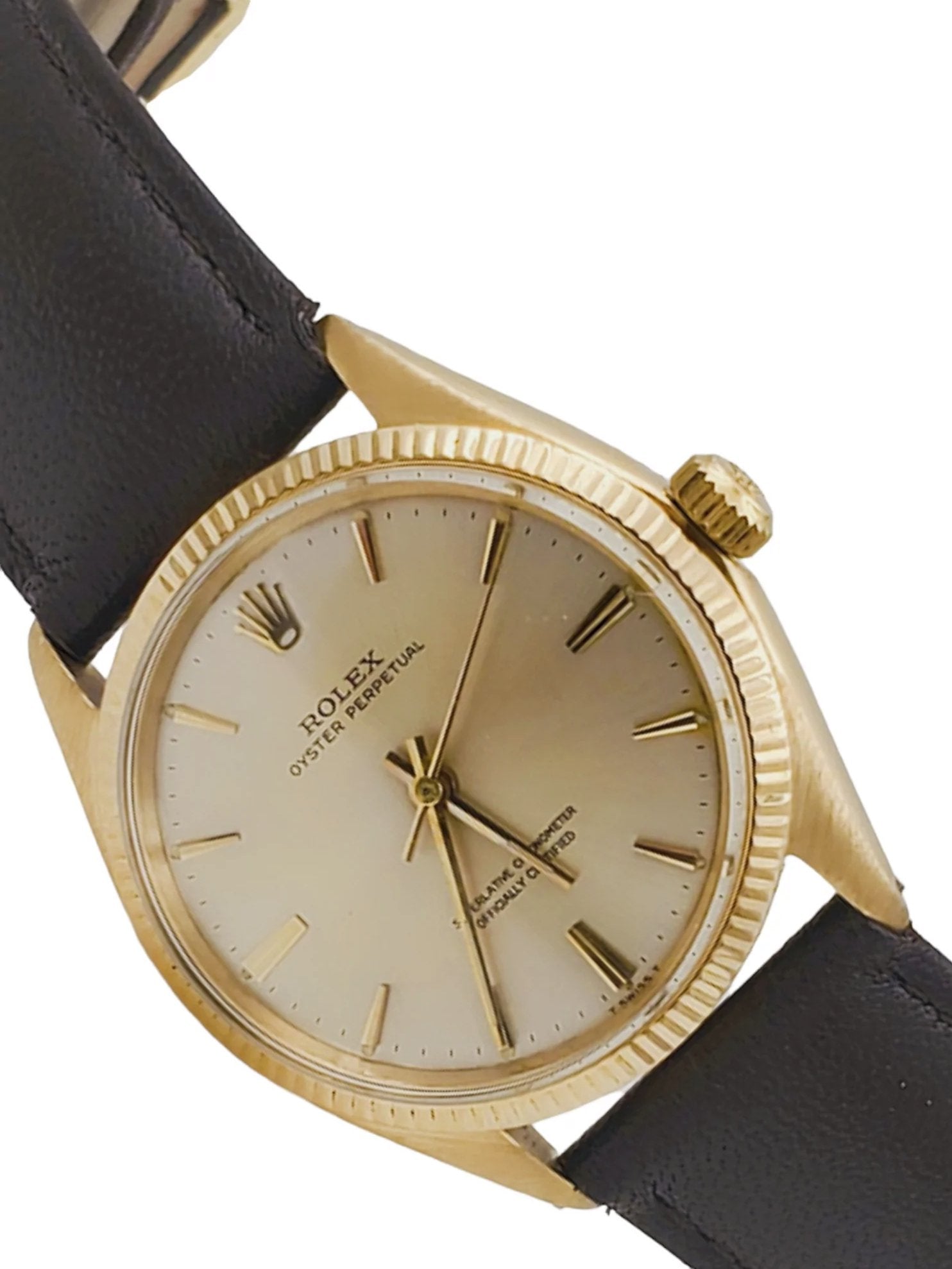 Men's Rolex 34mm Vintage 1962 Oyster Perpetual 14K Yellow Gold Watch with Gold Dial and Brown Leather Strap. (Pre-Owned)