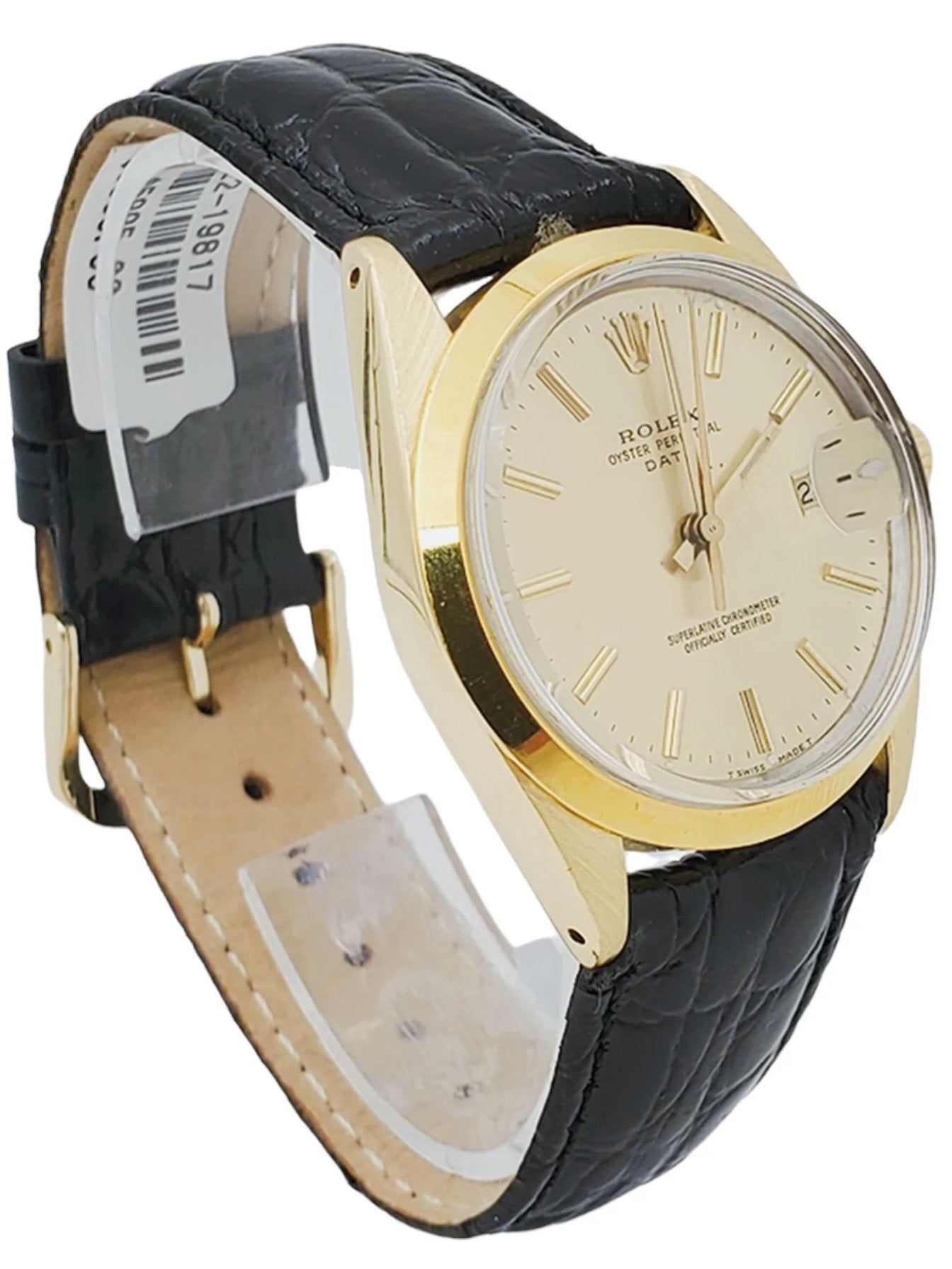 Men's Rolex 34mm Vintage Oyster Perpetual Date 14K Yellow Gold Watch with Gold Dial and Black Leather Strap. (Pre-Owned 15505)