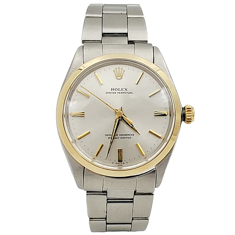 Men's Rolex 34mm Vintage Oyster Perpetual Stainless Steel Watch with Silver Dial and Smooth Bezel. (Pre-Owned 1002)
