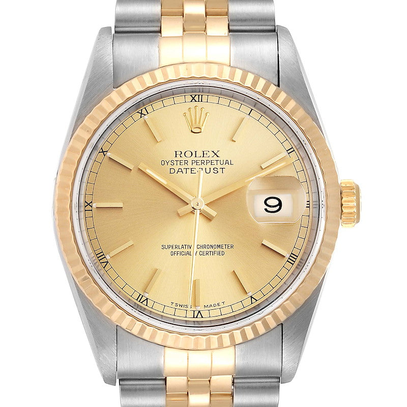Men's Rolex 36mm DateJust 14K Gold / Stainless Steel Two Tone Watch with Champaign Dial and Fluted Bezel. (Pre-Owned 16233)