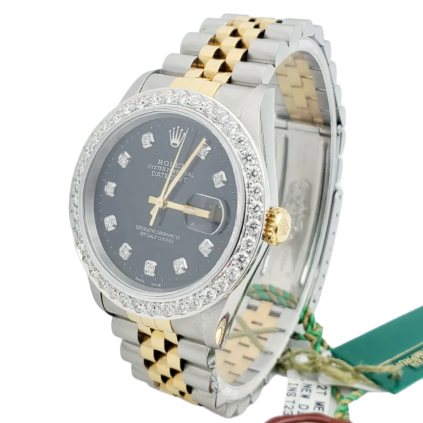 Men's Rolex 36mm DateJust 18K Gold / Stainless Steel Two Tone Watch with Black Diamond Dial and Diamond Bezel. (NEW 16233)