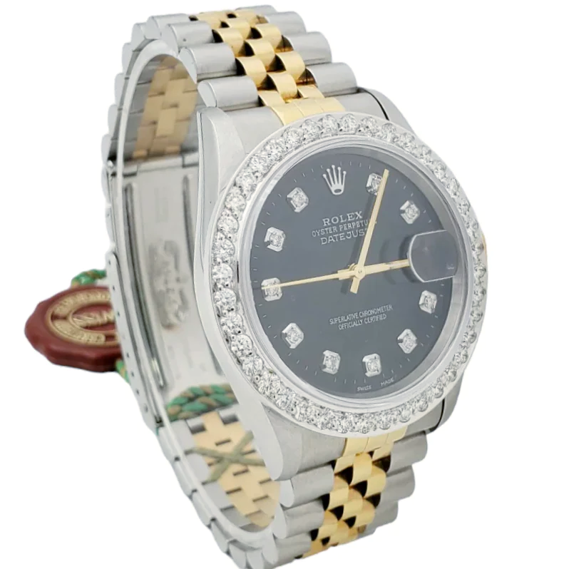 Men's Rolex 36mm DateJust 18K Gold / Stainless Steel Two Tone Watch with Black Diamond Dial and Diamond Bezel. (NEW 16233)