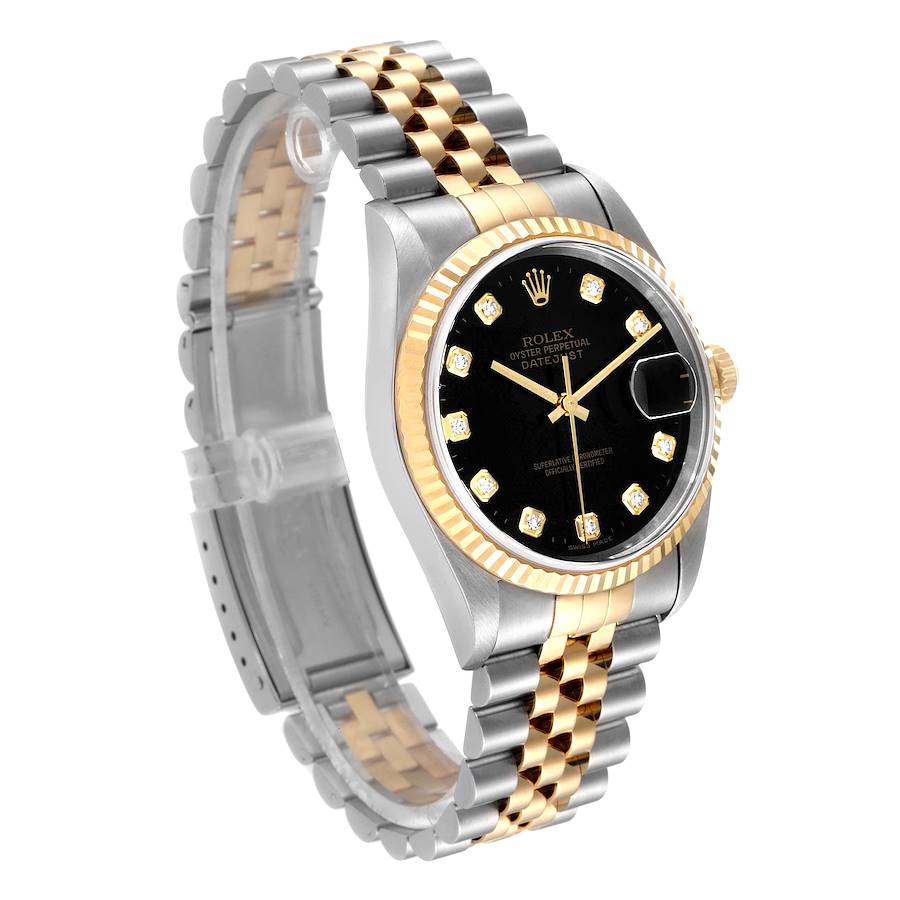Men's Rolex 36mm DateJust 18K Gold / Stainless Steel Two Tone Watch with Black Diamond Dial and Fluted Bezel. (Pre-Owned 16233)