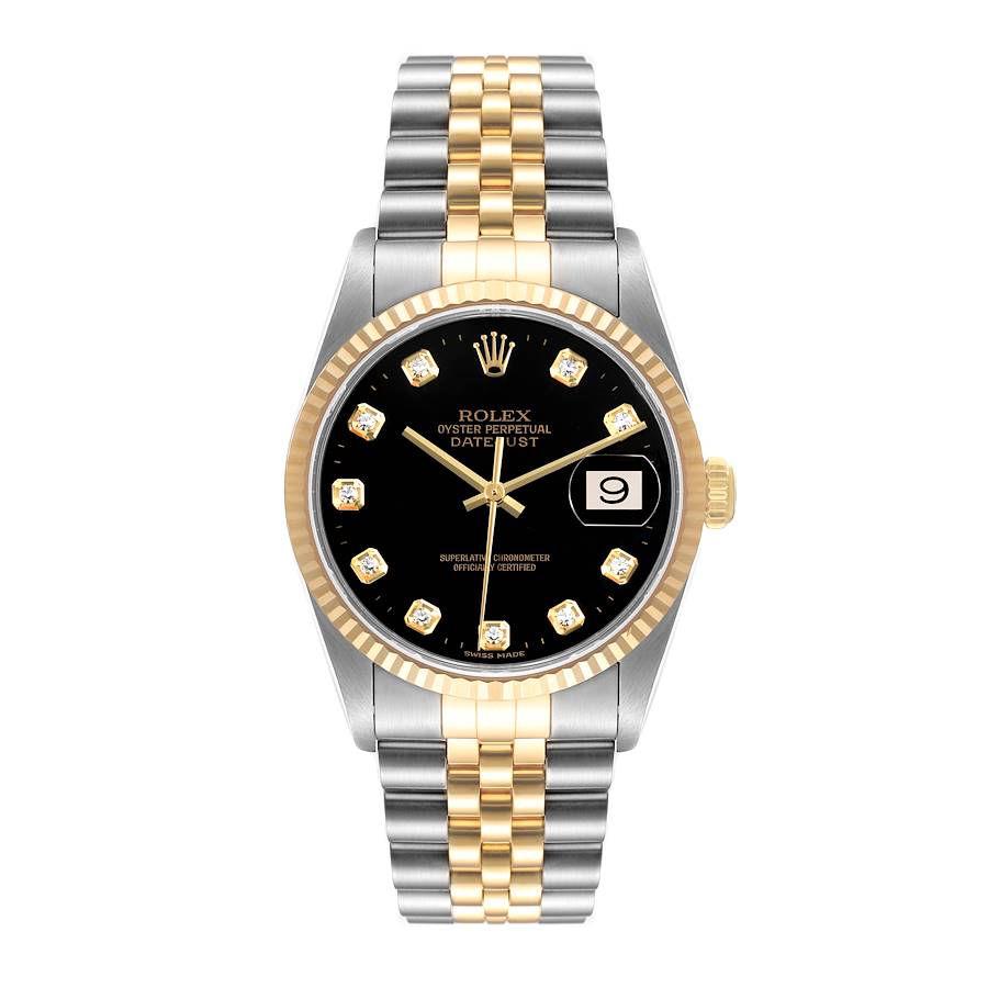 Men's Rolex 36mm DateJust 18K Gold / Stainless Steel Two-Tone Watch with Black Diamond Dial and Fluted Bezel. (Pre-Owned 16233)