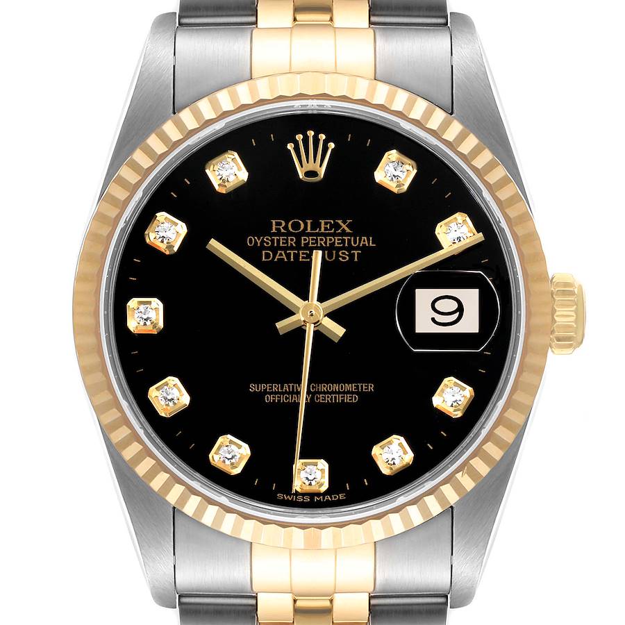 Men's Rolex 36mm DateJust 18K Yellow Gold / Stainless Steel Two Tone Watch with Black Diamond Dial and Fluted Bezel. (Pre-Owned 16233)