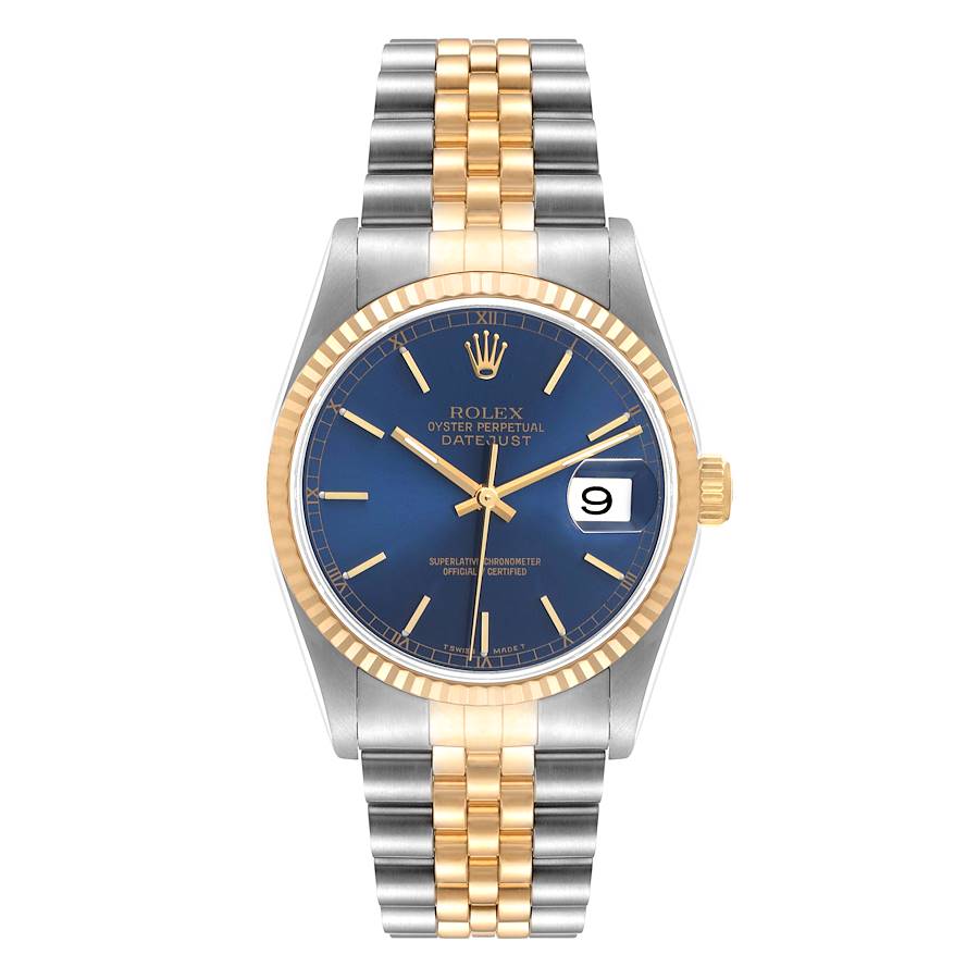 Men's Rolex 36mm DateJust 18K Gold / Stainless Steel Two-Tone Watch with Blue Dial and Fluted Bezel. (Pre-Owned 16233)