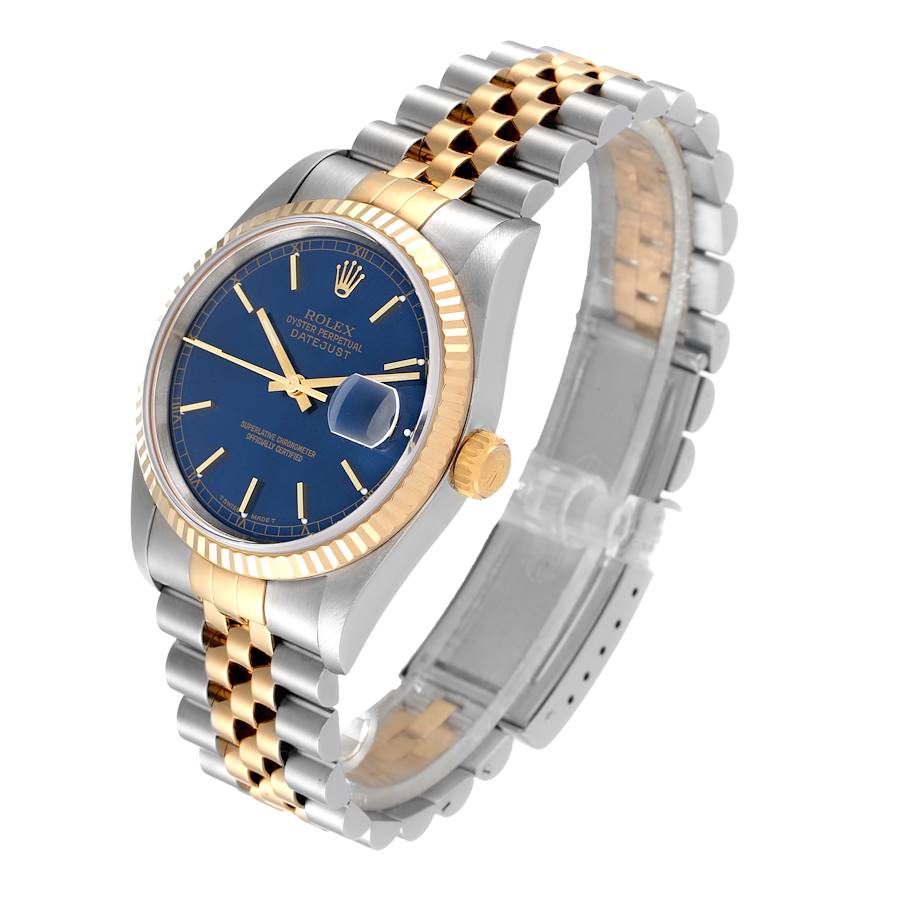 Men's Rolex 36mm DateJust 18K Gold / Stainless Steel Two Tone Watch with Blue Dial and Fluted Bezel. (Pre-Owned 16233)