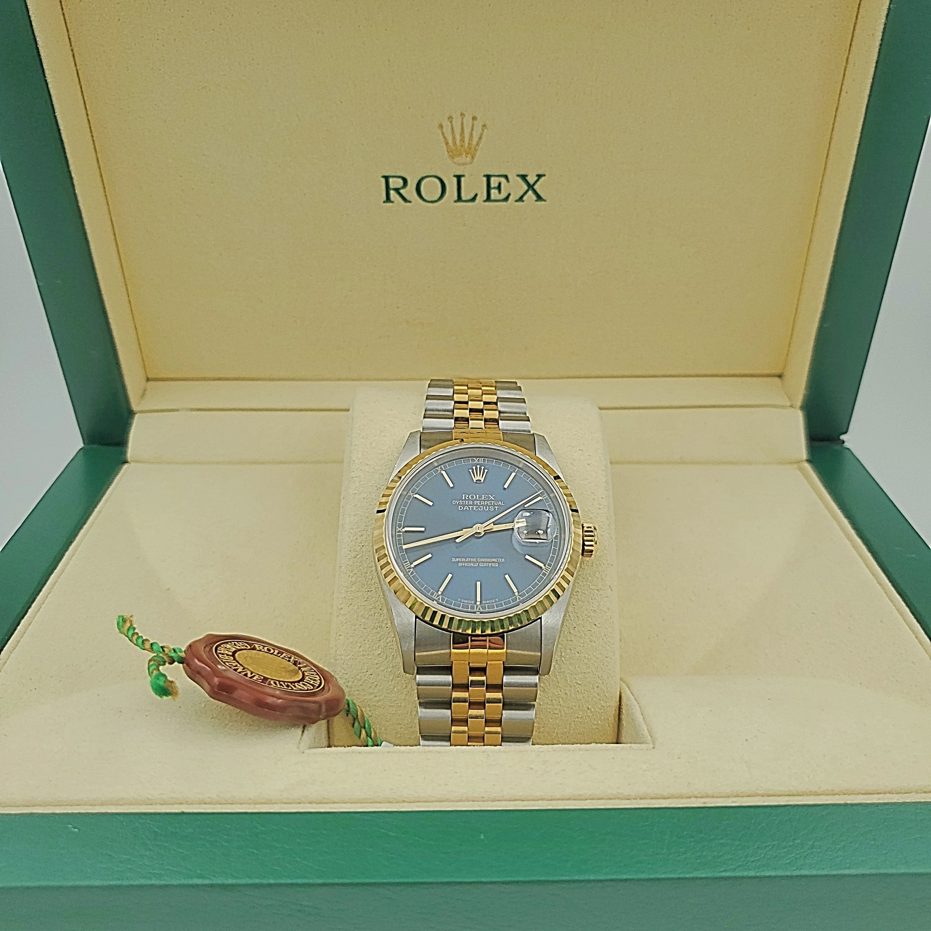 Men's Rolex 36mm DateJust 18K Gold / Stainless Steel Two Tone Watch with Blue Dial and Fluted Bezel. (Pre-Owned 16233)