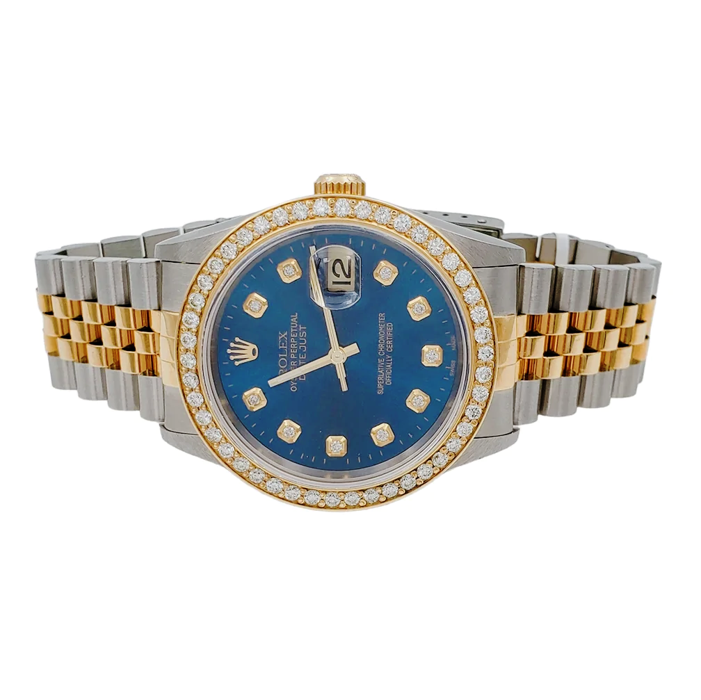 Men's Rolex 36mm DateJust 18K Gold / Stainless Steel Two Tone Watch with Blue Diamond Dial and Diamond Bezel. (NEW 16233)