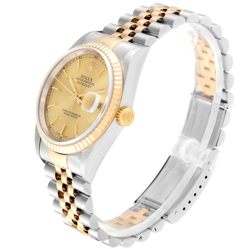 Men's Rolex 36mm DateJust 18K Gold / Stainless Steel Two Tone Watch with Champagne Dial and Fluted Bezel. (NEW 16233)
