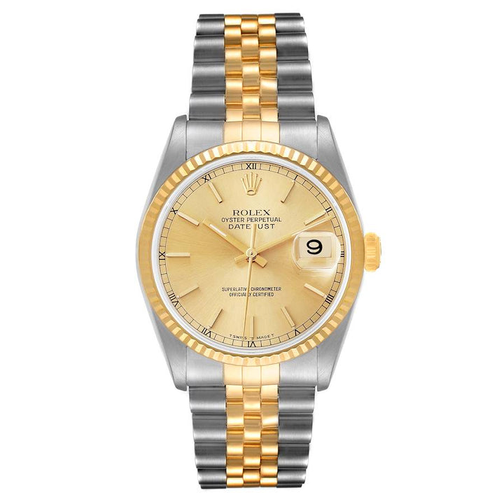 *1998 Men's Rolex 36mm DateJust 18K Gold / Stainless Steel Two Tone Watch with Fluted Bezel and Champaign Dial. (UNWORN Box/Paper 16233)