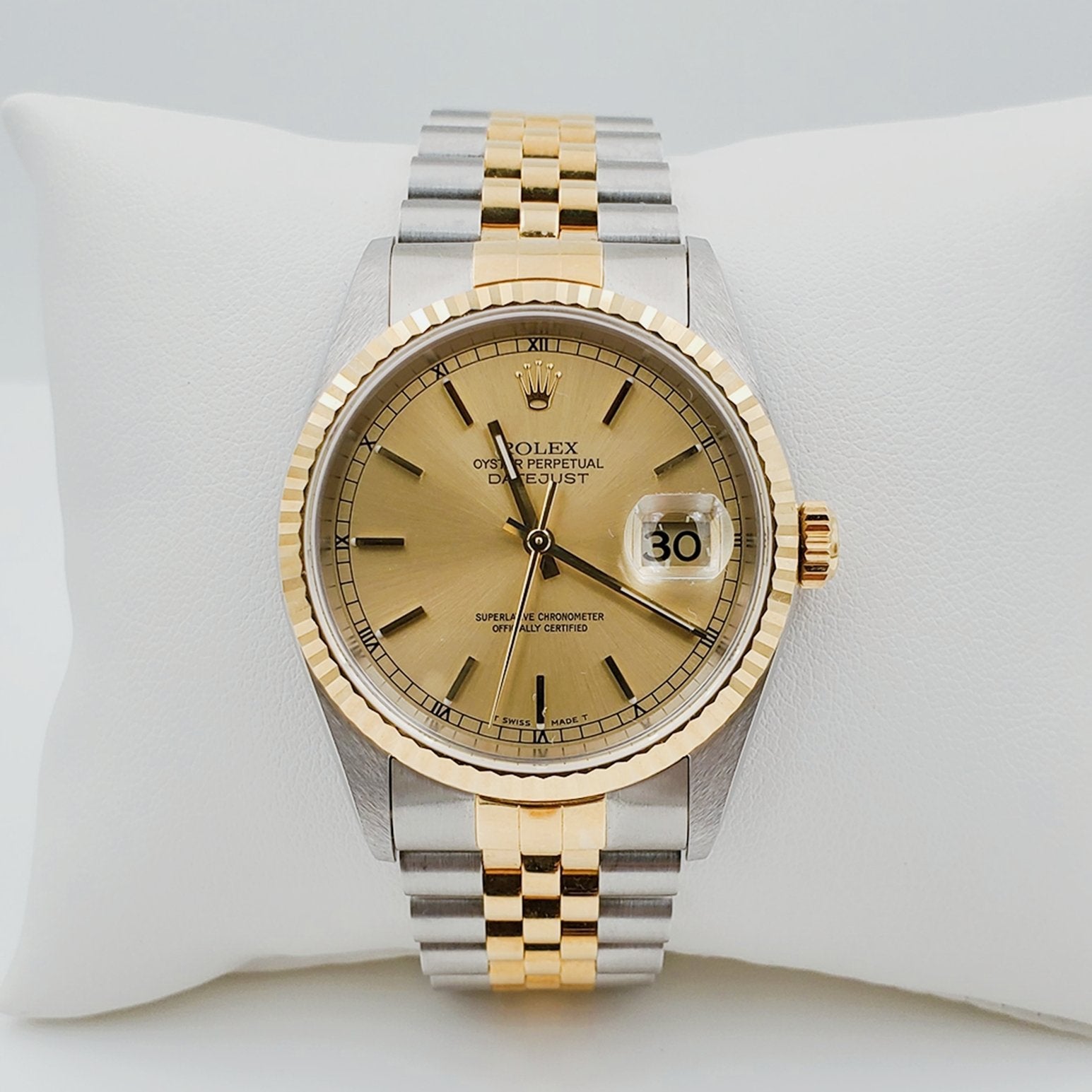 *Men's Rolex 36mm DateJust 18K Gold / Stainless Steel Two Tone Watch with Fluted Bezel and Champagne Dial. (UNWORN 16233)