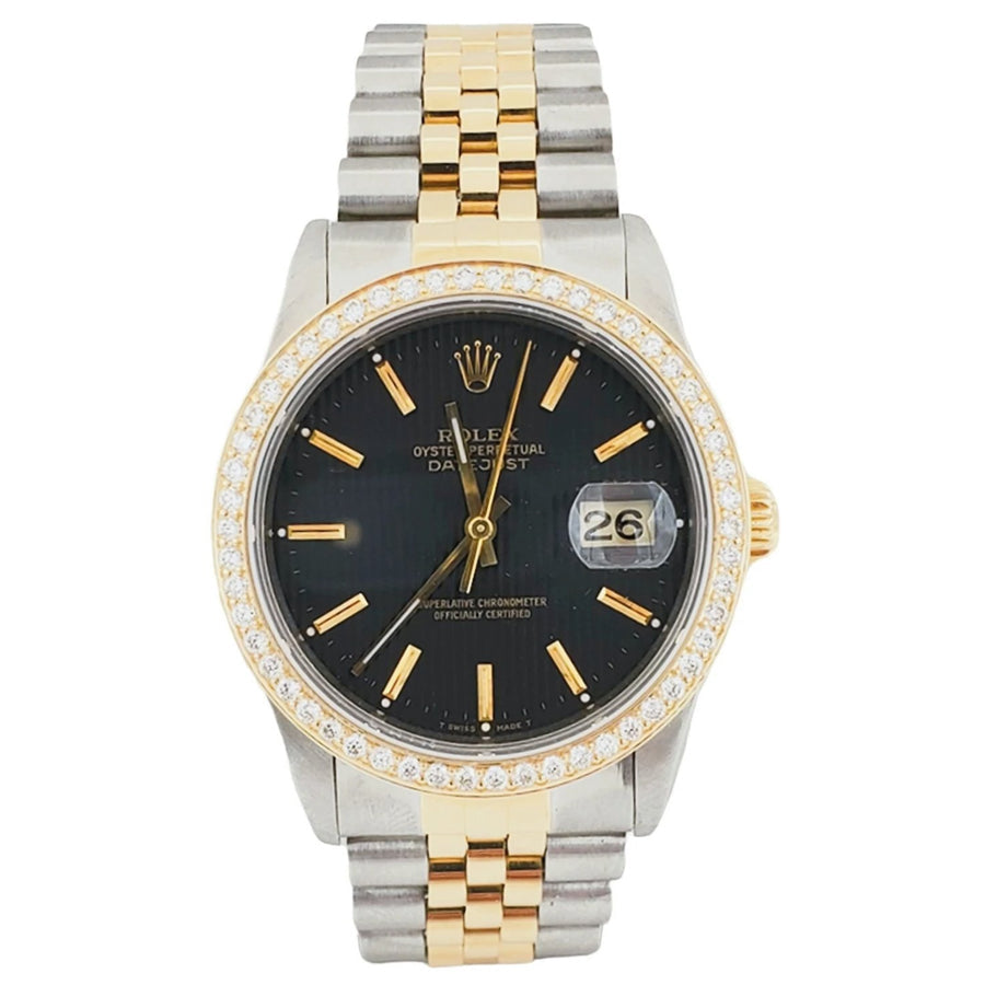 Men's Rolex 36mm DateJust 18K Yellow Gold / Stainless Steel Two-Tone Watch with Black Dial and Diamond Bezel. (Pre-Owned 16233)