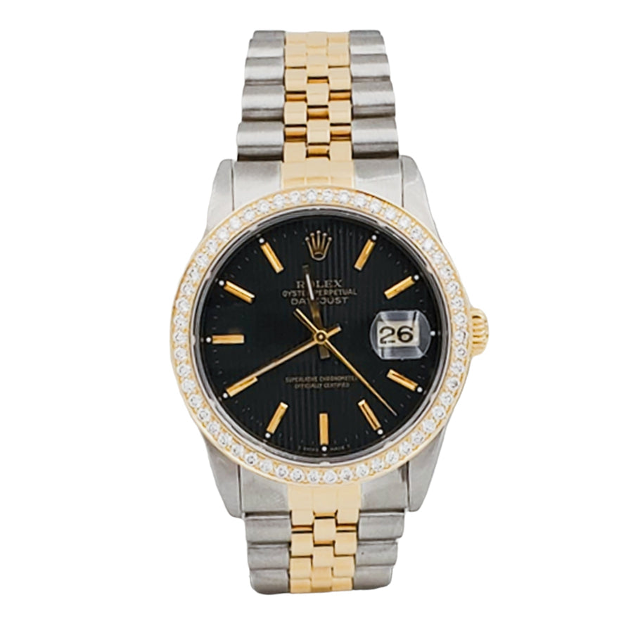 Men's Rolex 36mm DateJust 18K Yellow Gold / Stainless Steel Two Tone Watch with Black Dial and Diamond Bezel. (Pre-Owned 16233)