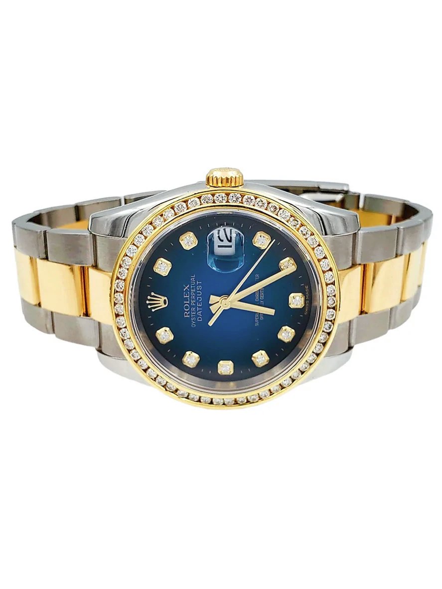 Men's Rolex 36mm DateJust 18K Yellow Gold / Stainless Steel Two Tone Watch with Blue Diamond Dial and Diamond Bezel. (Pre-Owned 116203)