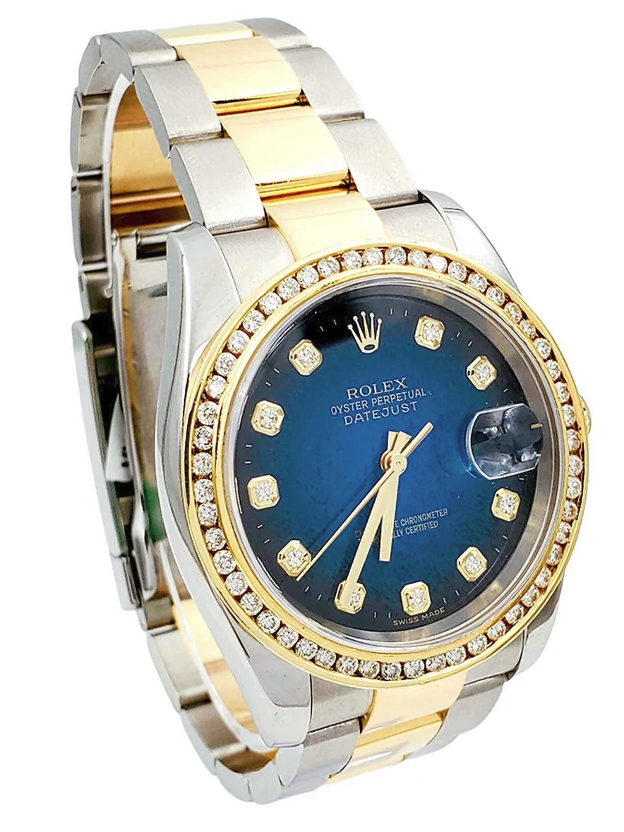 Men's Rolex 36mm DateJust 18K Yellow Gold / Stainless Steel Two Tone Watch with Blue Diamond Dial and Diamond Bezel. (Pre-Owned 116203)