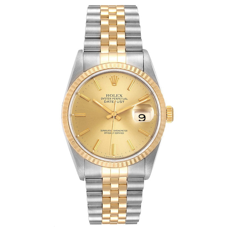 Men's Rolex 36mm DateJust 18k Gold / Stainless Steel Two-Tone Watch with Fluted Bezel and Champagne Dial. (Pre-Owned 16233)