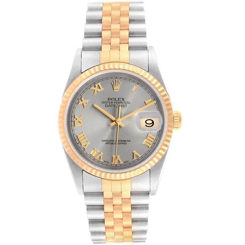 Men's Rolex 36mm DateJust 18k Gold / Stainless Steel Two-Tone Watch with Gold Numeral, Light Grey Dial and Fluted Bezel. (Pre-Owned 16233)
