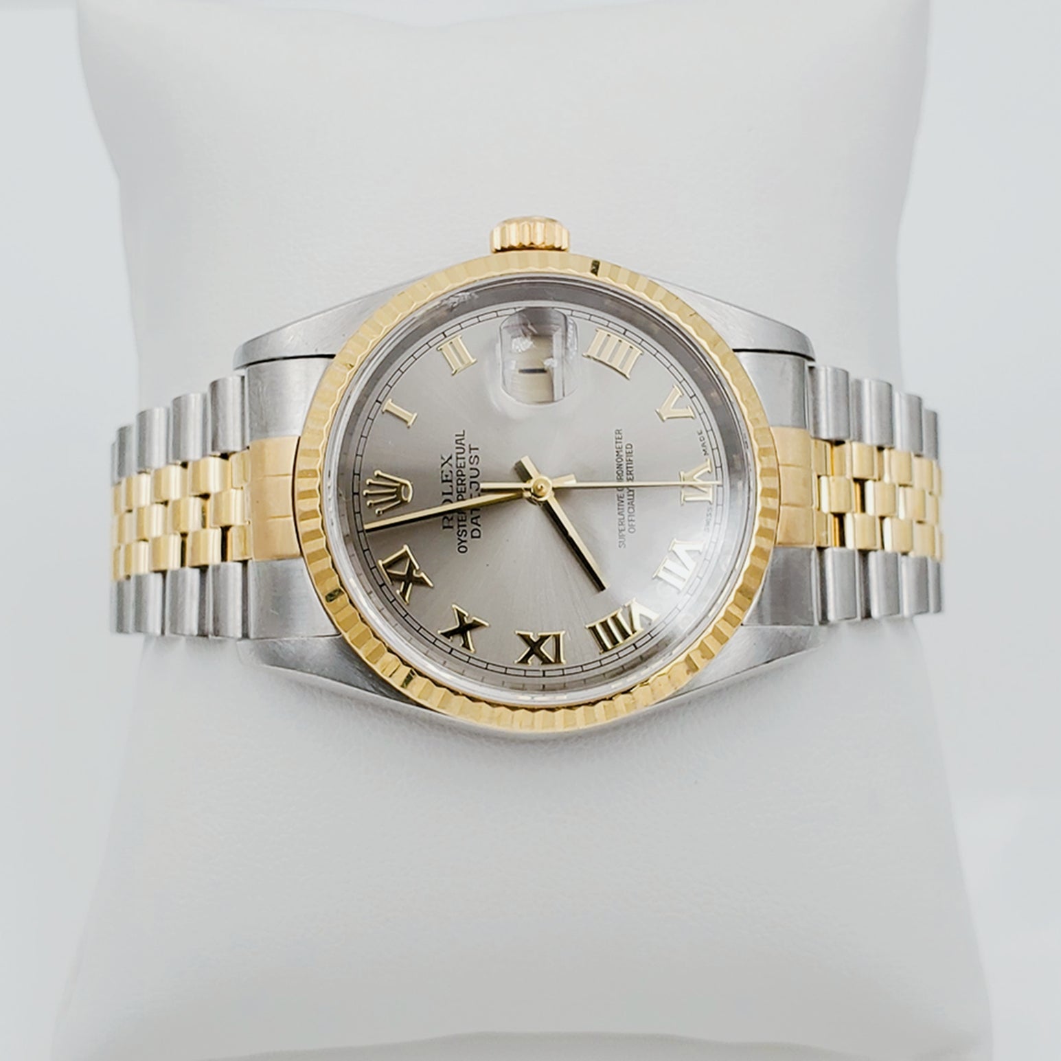 Men's Rolex 36mm DateJust 18k Gold / Stainless Steel Two Tone Watch with Gold Numeral, Light Grey Dial and Fluted Bezel. (Pre-Owned 16233)