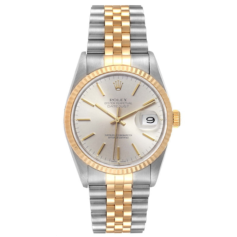 Men's Rolex 36mm DateJust 18k Gold / Stainless Steel Two-Tone Watch with Silver Dial and Fluted Bezel. (Pre-Owned 16233)