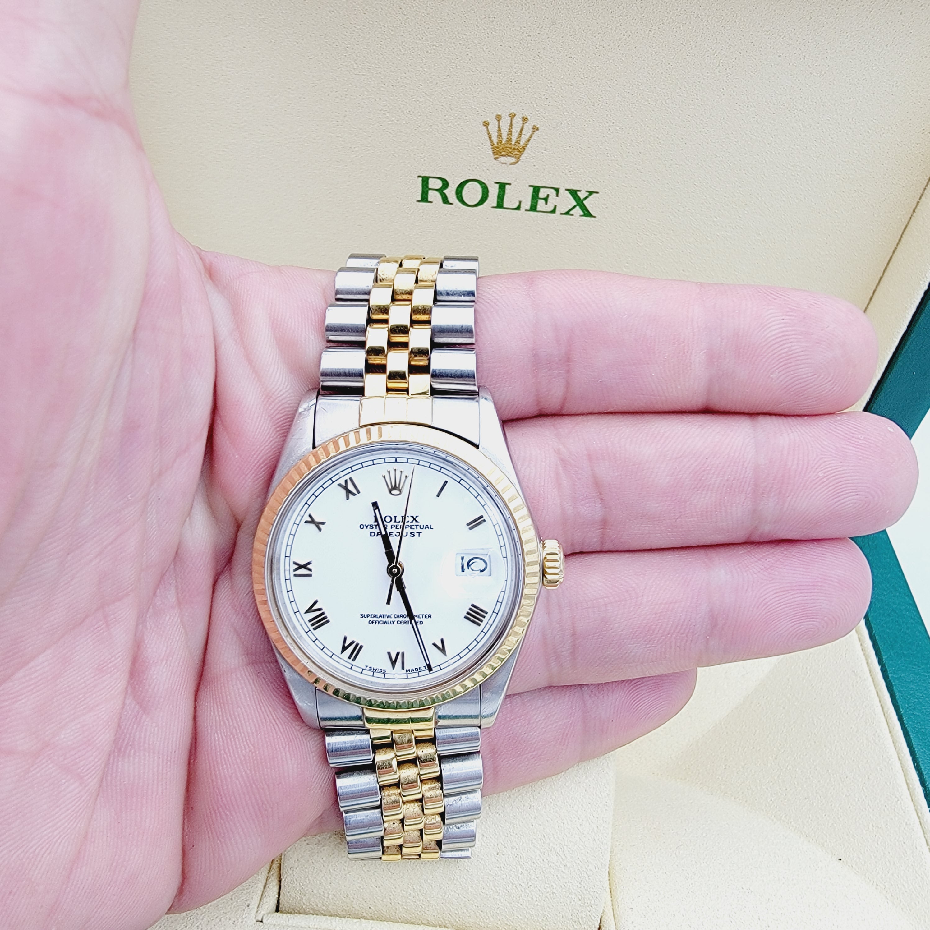 Men's Rolex 36mm DateJust 18k Gold / Stainless Steel Two Tone Watch with White Dial and Fluted Bezel. (Pre-Owned 16233)