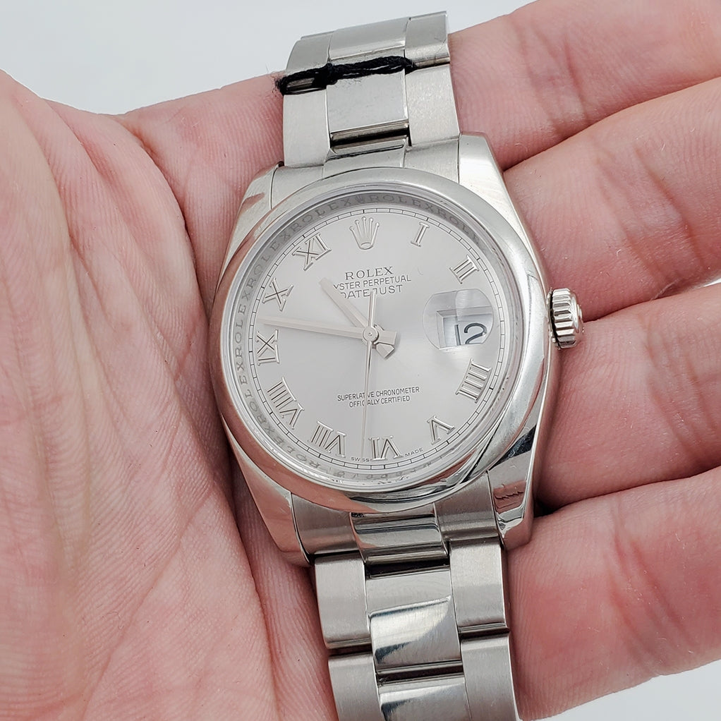 Men's Rolex 36mm DateJust Oyster Perpetual Stainless Steel Watch with Roman Numeral and Silver Dial. (Pre-Owned 116200)