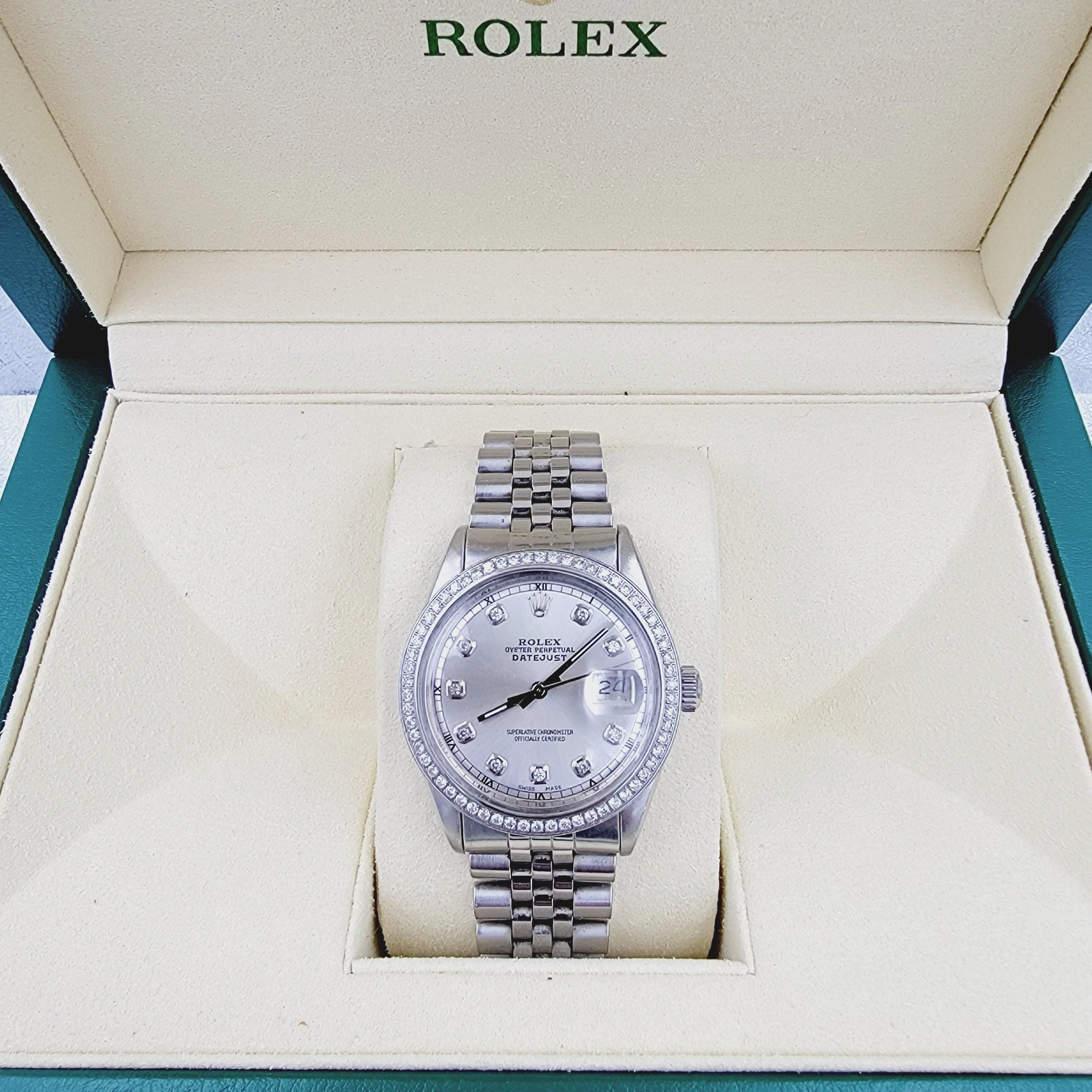 1977 Men's Rolex 36mm DateJust Vintage Stainless Steel Watch with Silver Diamond Dial and Diamond Bezel. (Pre-Owned 1603)