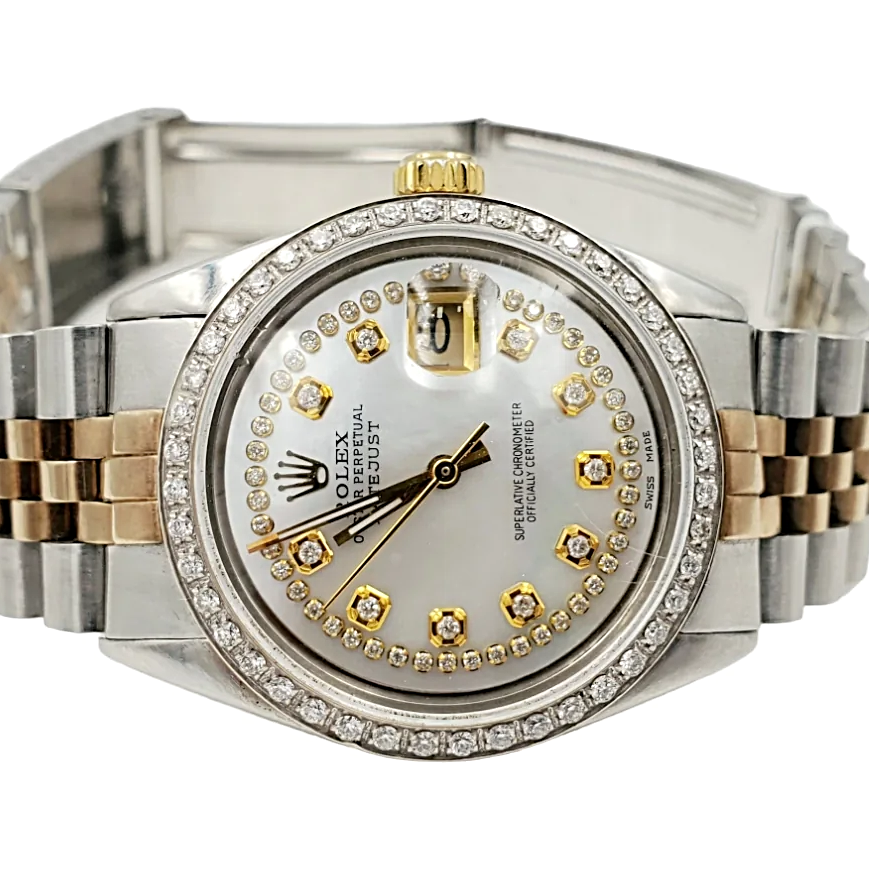 Men's Rolex 36mm DateJust Two Tone 18K Gold / Stainless Steel Watch with Mother of Pearl Diamond Dial and Diamond Bezel. (Pre-Owned 1601)