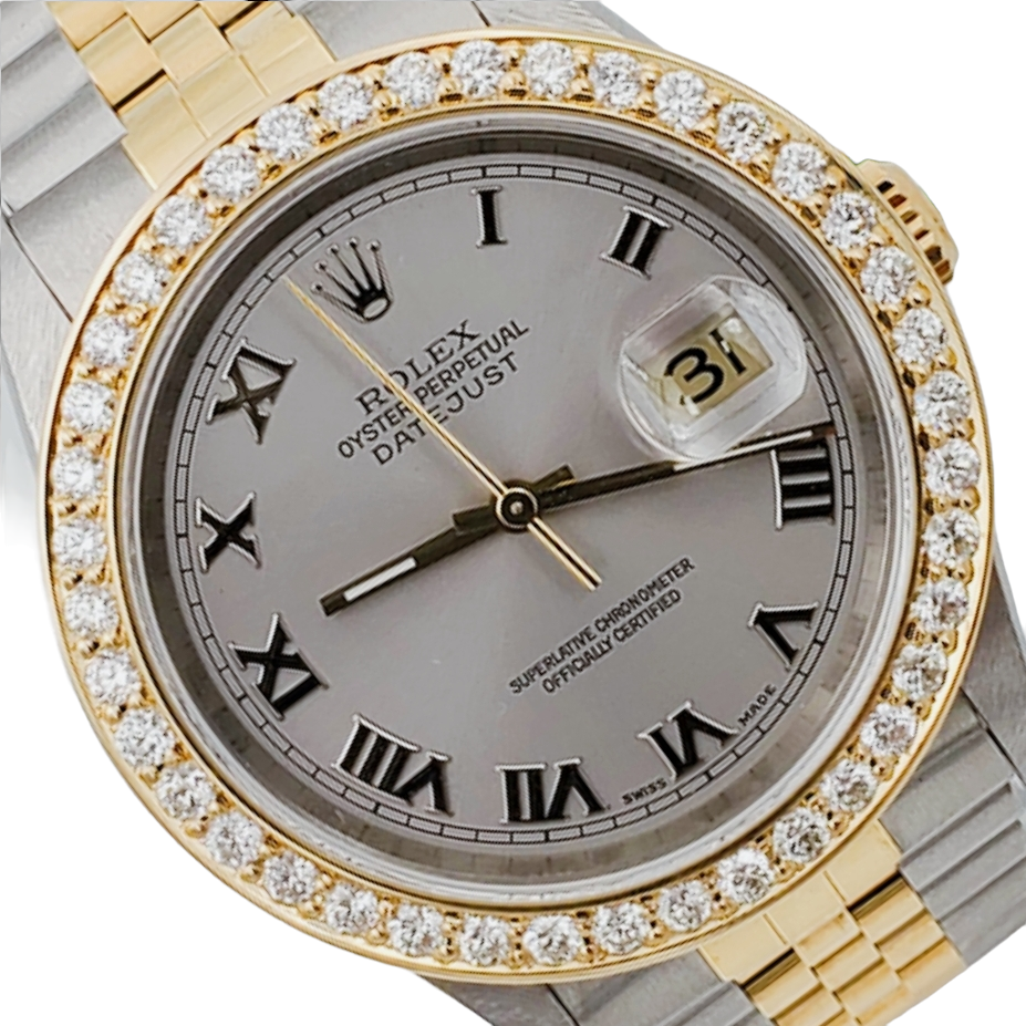 *1997 Men's Rolex 36mm DateJust Two Tone 18K Gold / Stainless Steel Watch with Silver Dial and 2CT Diamond Bezel. (NEW 16233)