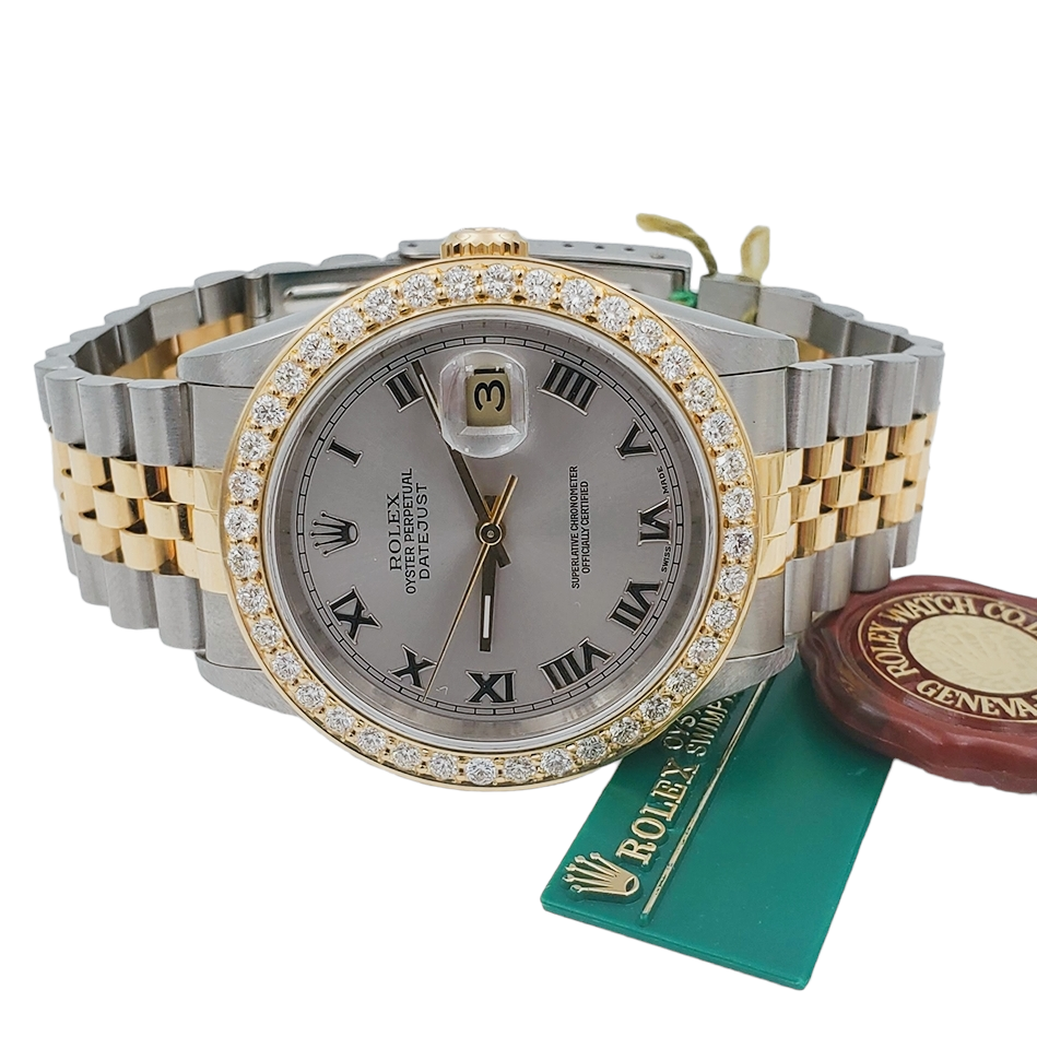 Men's Rolex 36mm DateJust Two Tone 18K Gold / Stainless Steel Watch with Silver Dial and 2CT Diamond Bezel. (NEW 16233)