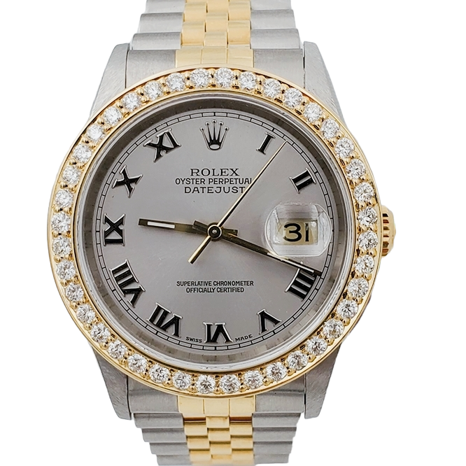Men's Rolex 36mm DateJust Two Tone 18K Gold / Stainless Steel Watch with Silver Dial and 2CT Diamond Bezel. (NEW 16233)