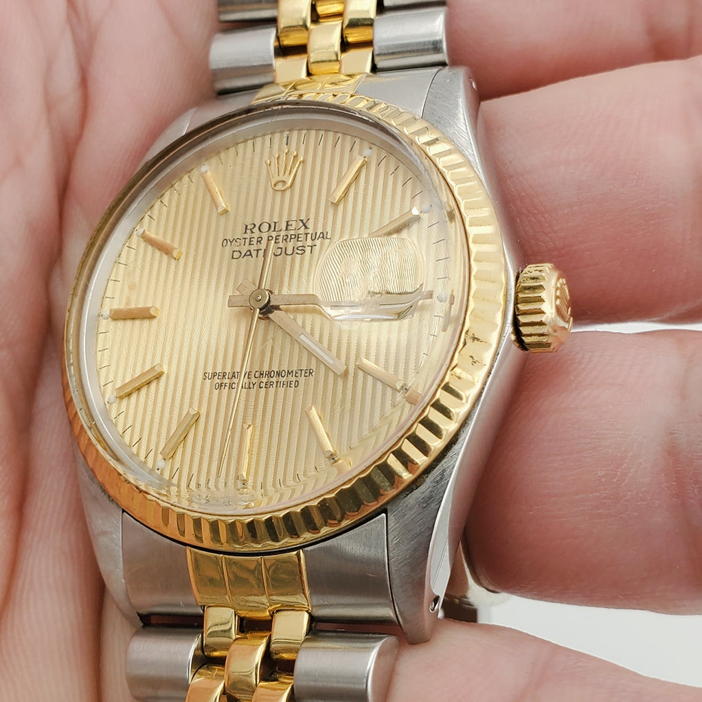 Men's Rolex 36mm DateJust Two Tone 18K Gold / Stainless Steel Watch with Tapestry Dial and Fluted Bezel. (Pre-Owned 16233)
