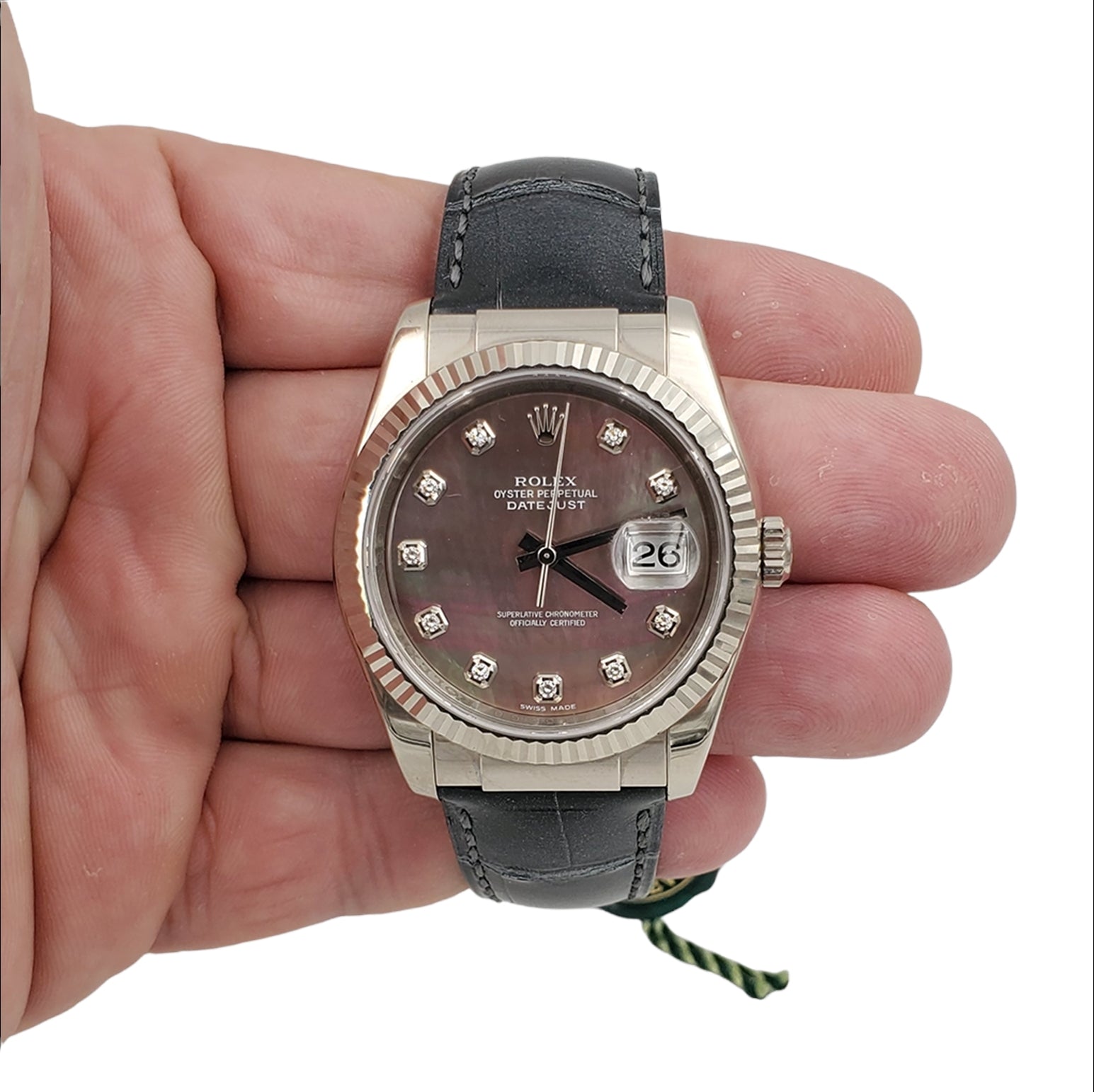 🏷️ PRICE CUT Men's Rolex 36mm DateJust White Gold Watch with Mother of Pearl Diamond Dial and Black Leather Band. (NEW 116139)