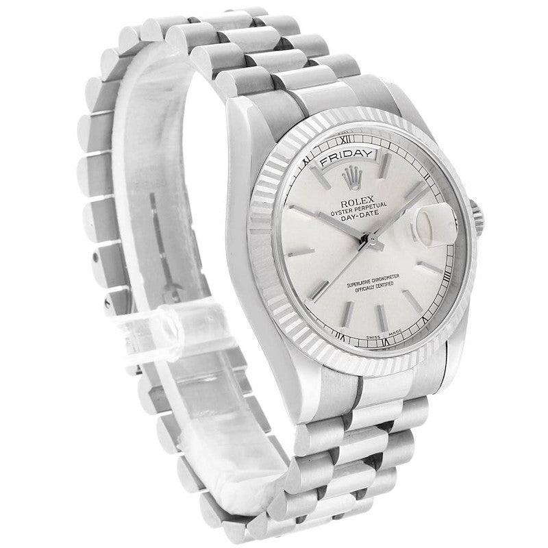 Men's Rolex 36mm Presidential 18K White Gold Watch with Silver Dial and Fluted Bezel. (Pre-Owned 18039)