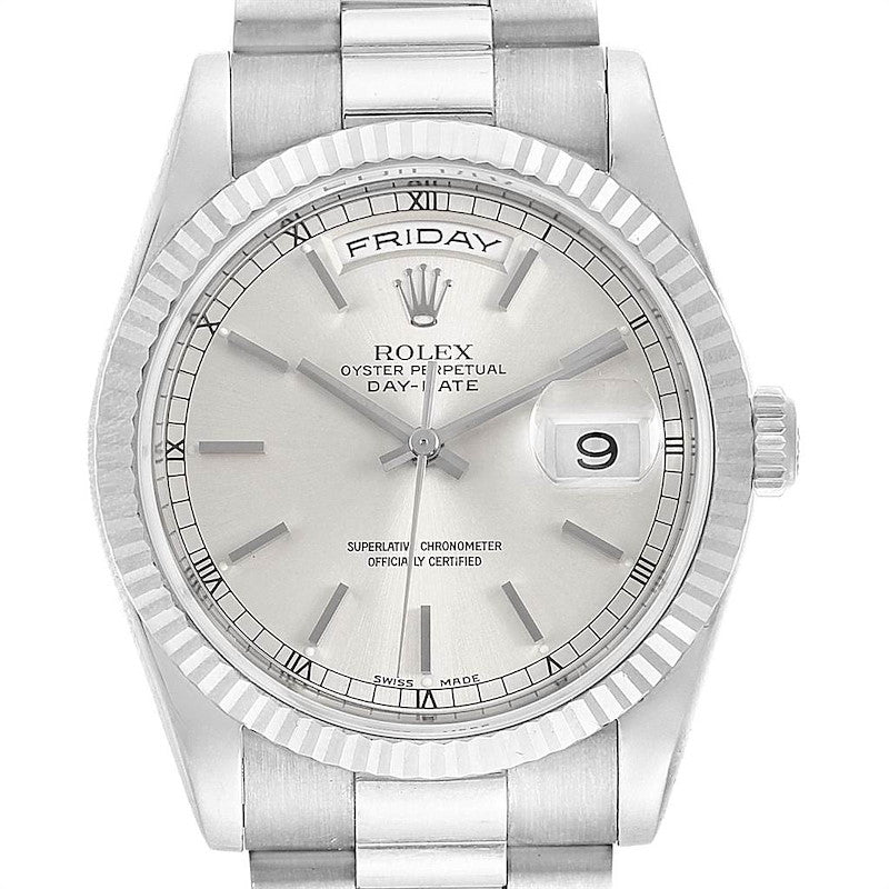 Men's Rolex 36mm Presidential 18K White Gold Watch with Silver Dial and Fluted Bezel. (Pre-Owned 18039)