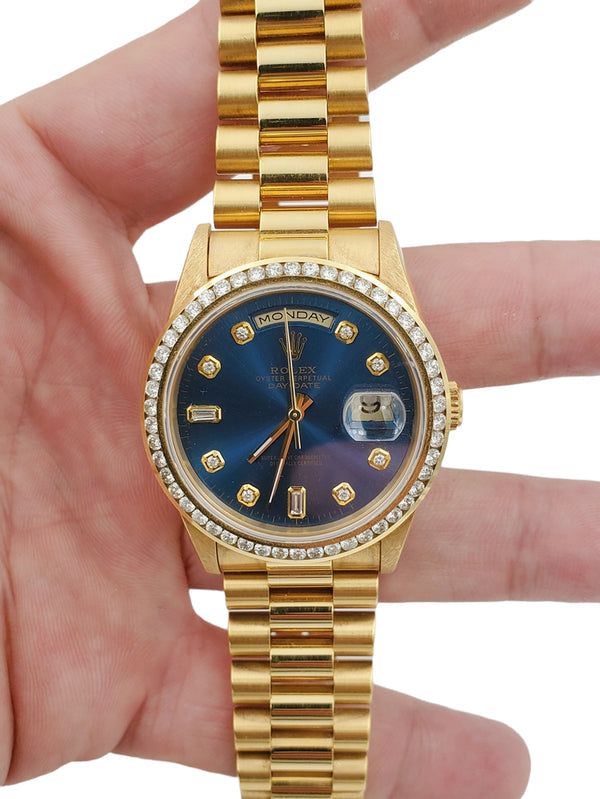 Men's Rolex 36mm Presidential 18k Yellow Gold Watch with Blue Diamond Dial and Diamond Bezel. (NEW 18238)
