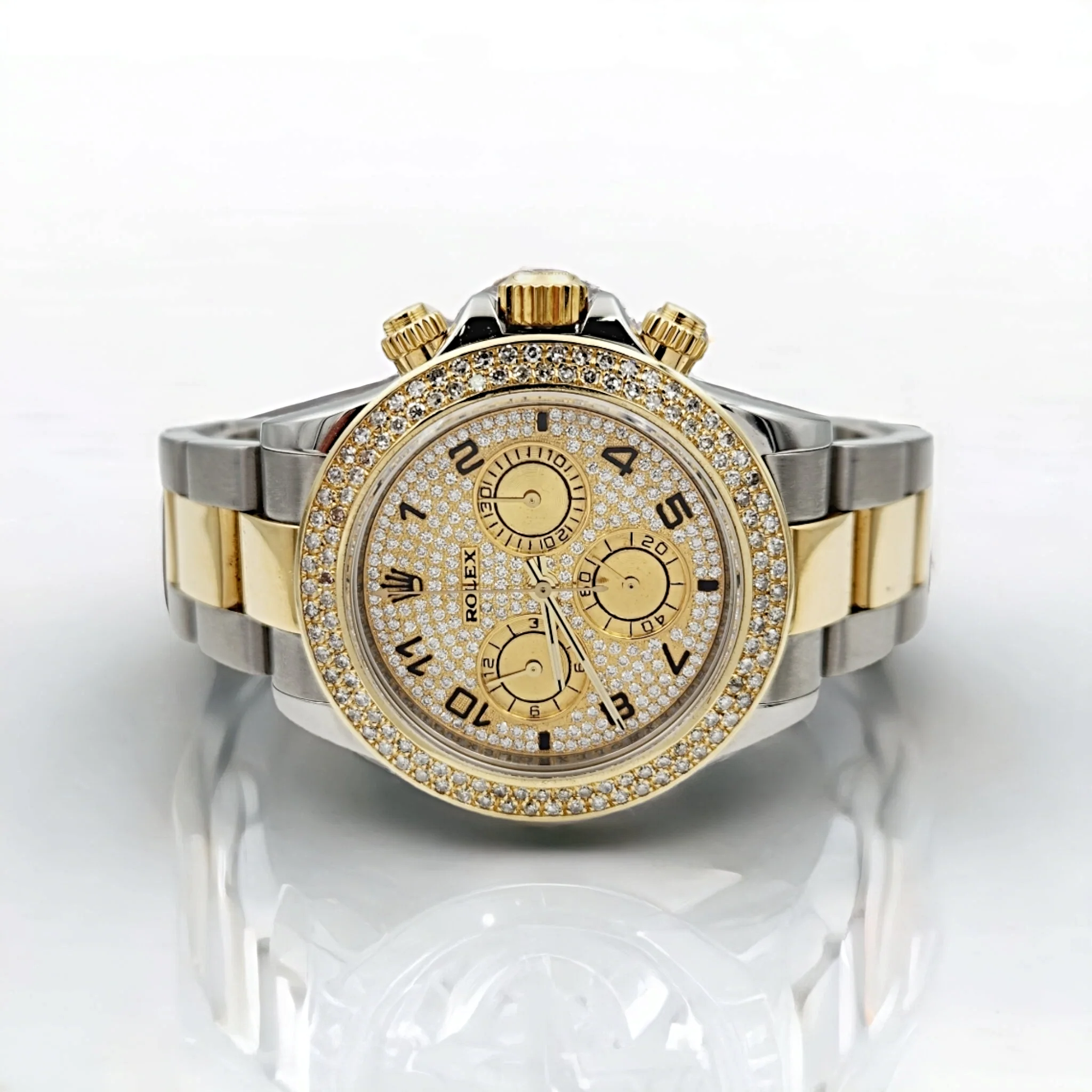 Men's Rolex 40mm Daytona Two Tone 18K Yellow Gold / Stainless Steel Watch with Diamond Dial and Diamond Bezel. (Pre-Owned 116523)