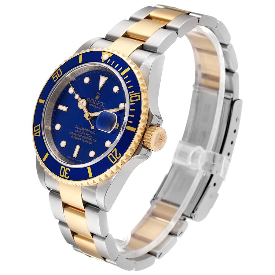1999 Men's Rolex 40mm Submariner Oyster Perpetual Two Tone 18K Yellow Gold / Stainless Steel Watch with Blue Dial and Blue Bezel. (Pre-Owned 16613)